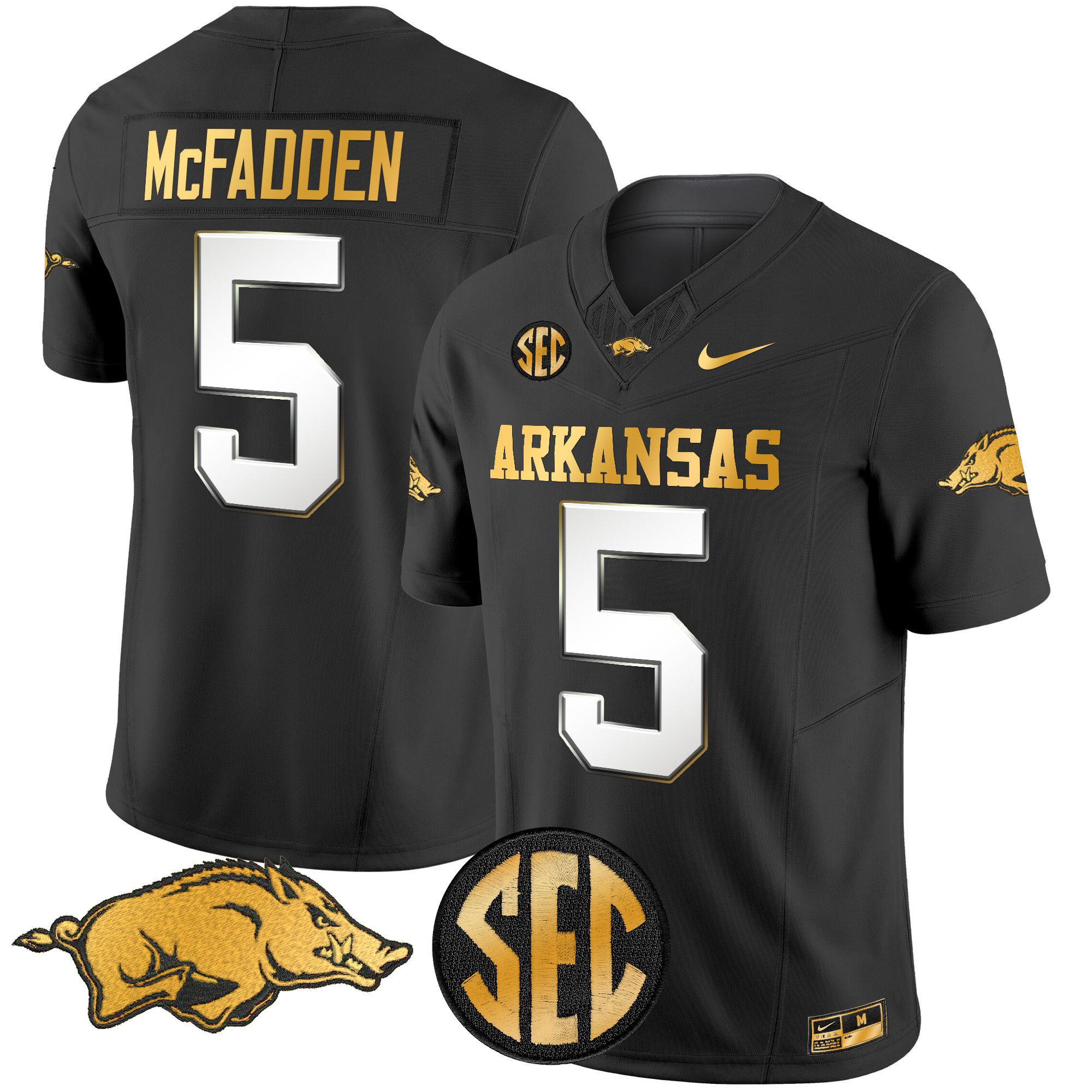 Men Arkansas Razorbacks #5 Mcfadden Black Nike 2024 Gold Vapor Limited NCAA Jersey style 2